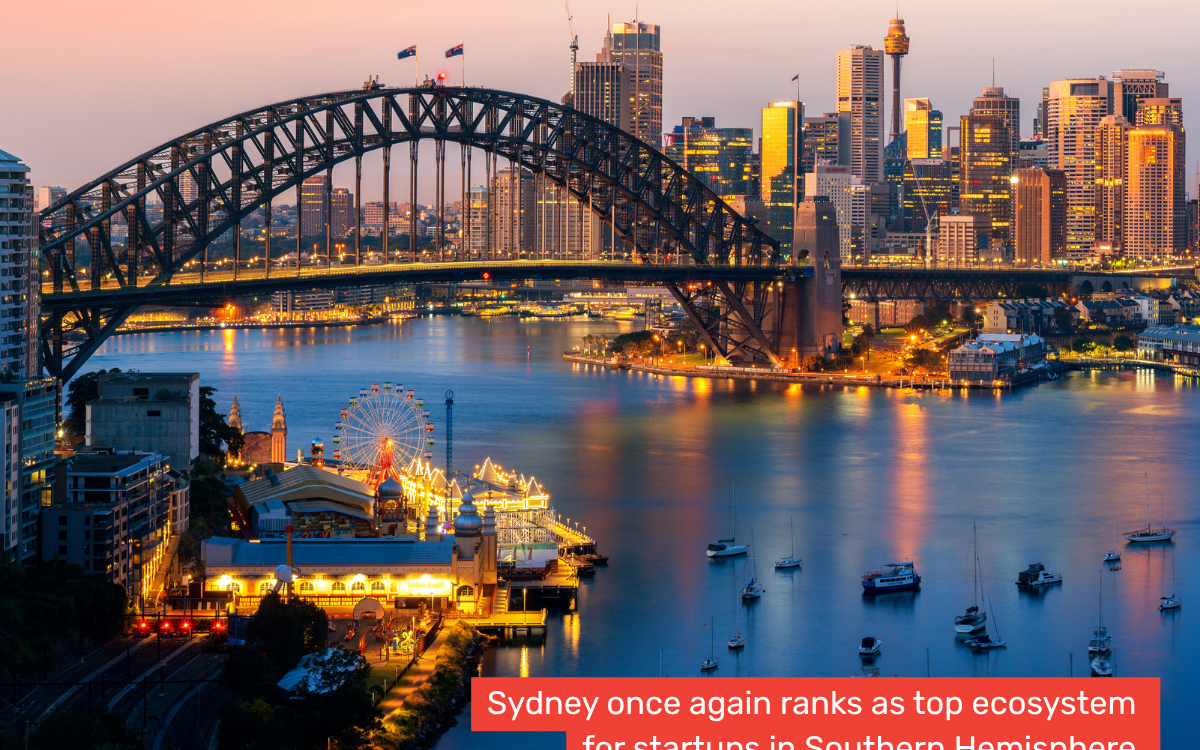 Sydney Harbour at sunset with a graphic #1 and text: Sydney once again ranks as top ecosystem for startups in Southern Hemisphere